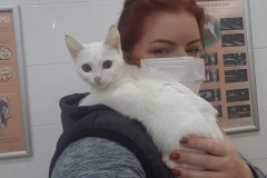 Se zachránkyní na veterině.  Foto: LuckyCats.